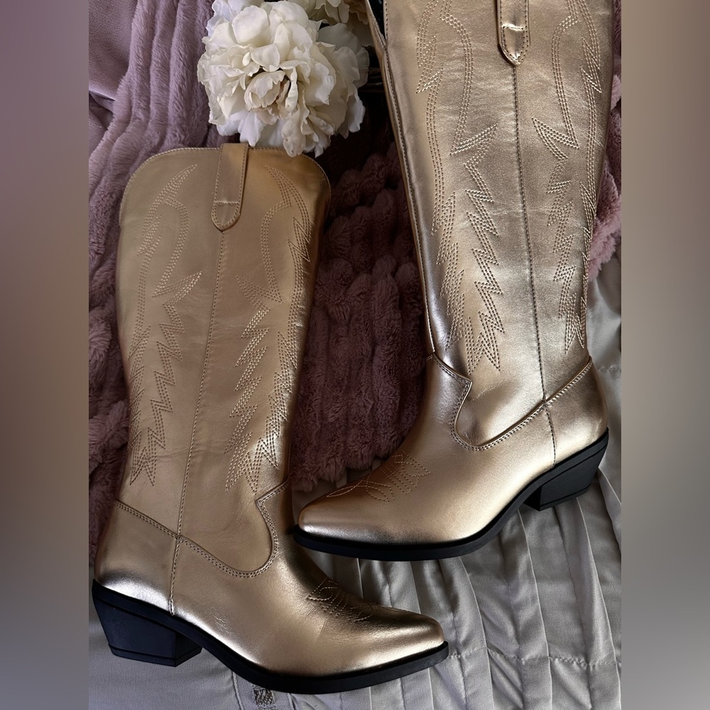Gold Metallic Tall Cowgirl Boots, Size 6 - Picture 4 of 5